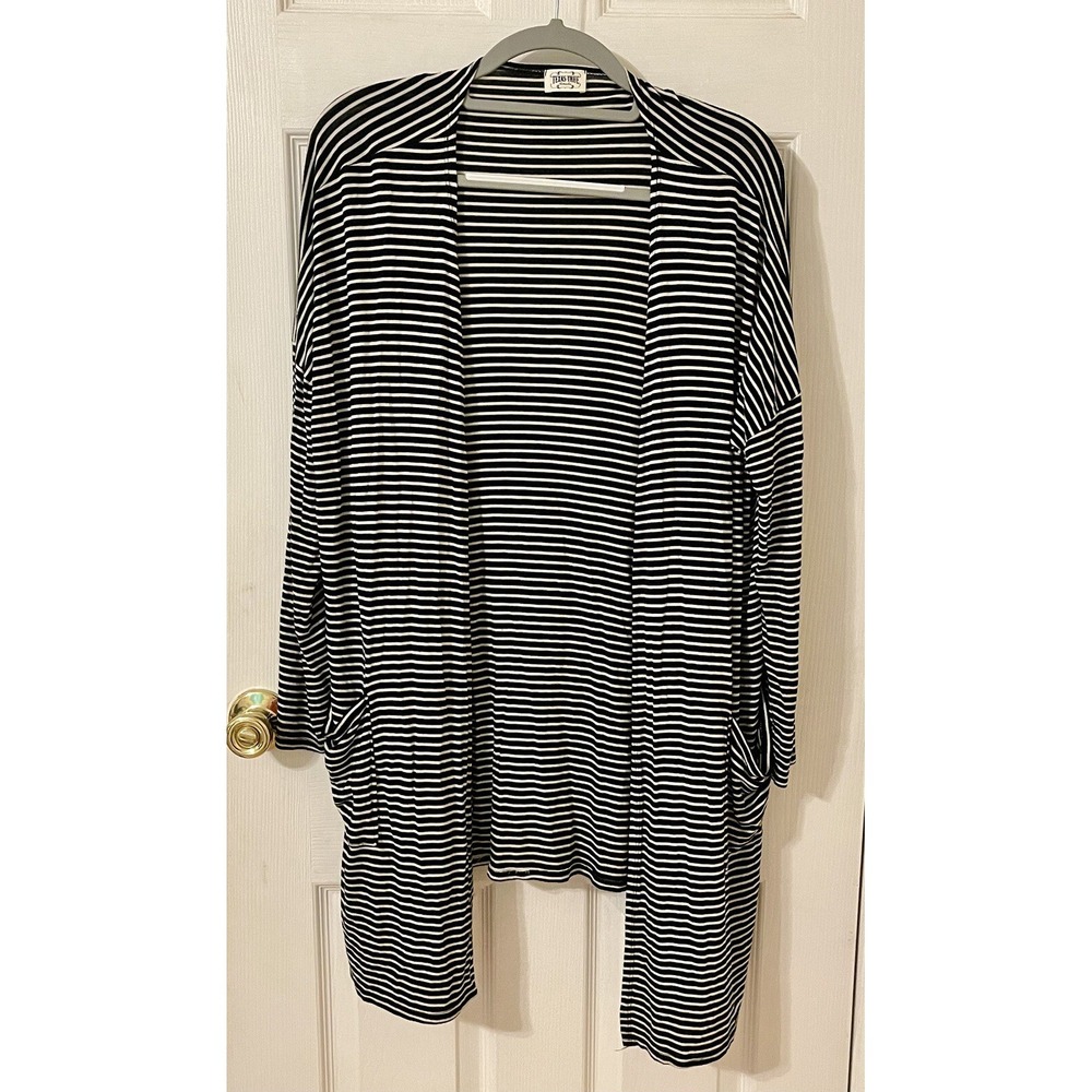 Texas True Threads Jersey Knit Long Cardigan Black/White Striped
